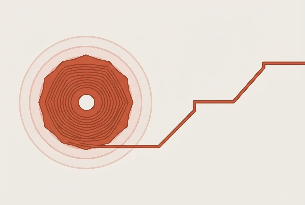 A red hexagonal spool of ABS filament ringed by faint heat lines, its strand stepping away in sharp right angles
