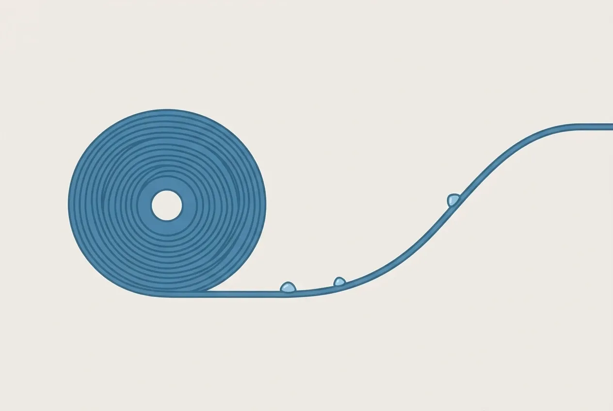A blue spool of PETG filament, its strand sweeping into an even S curve with water beading on the surface