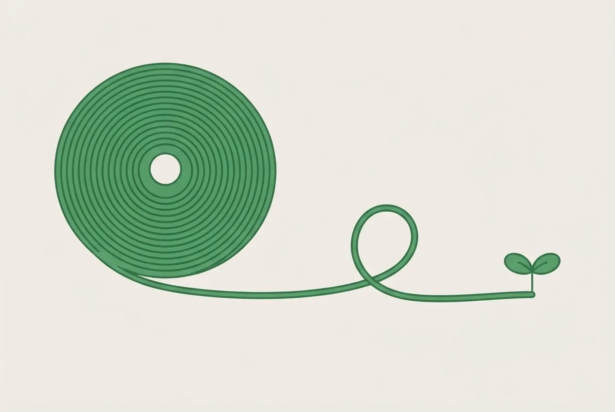 A green spool of PLA filament, its loose strand curling into a loop beside a sprouting seedling