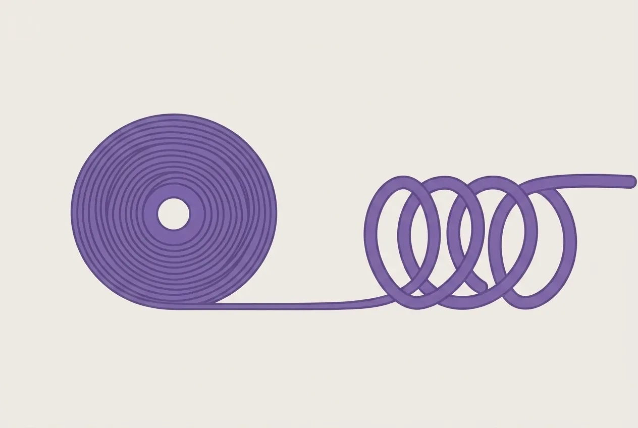 A violet spool of TPU filament, its thick strand stretched into a springy telephone-cord coil