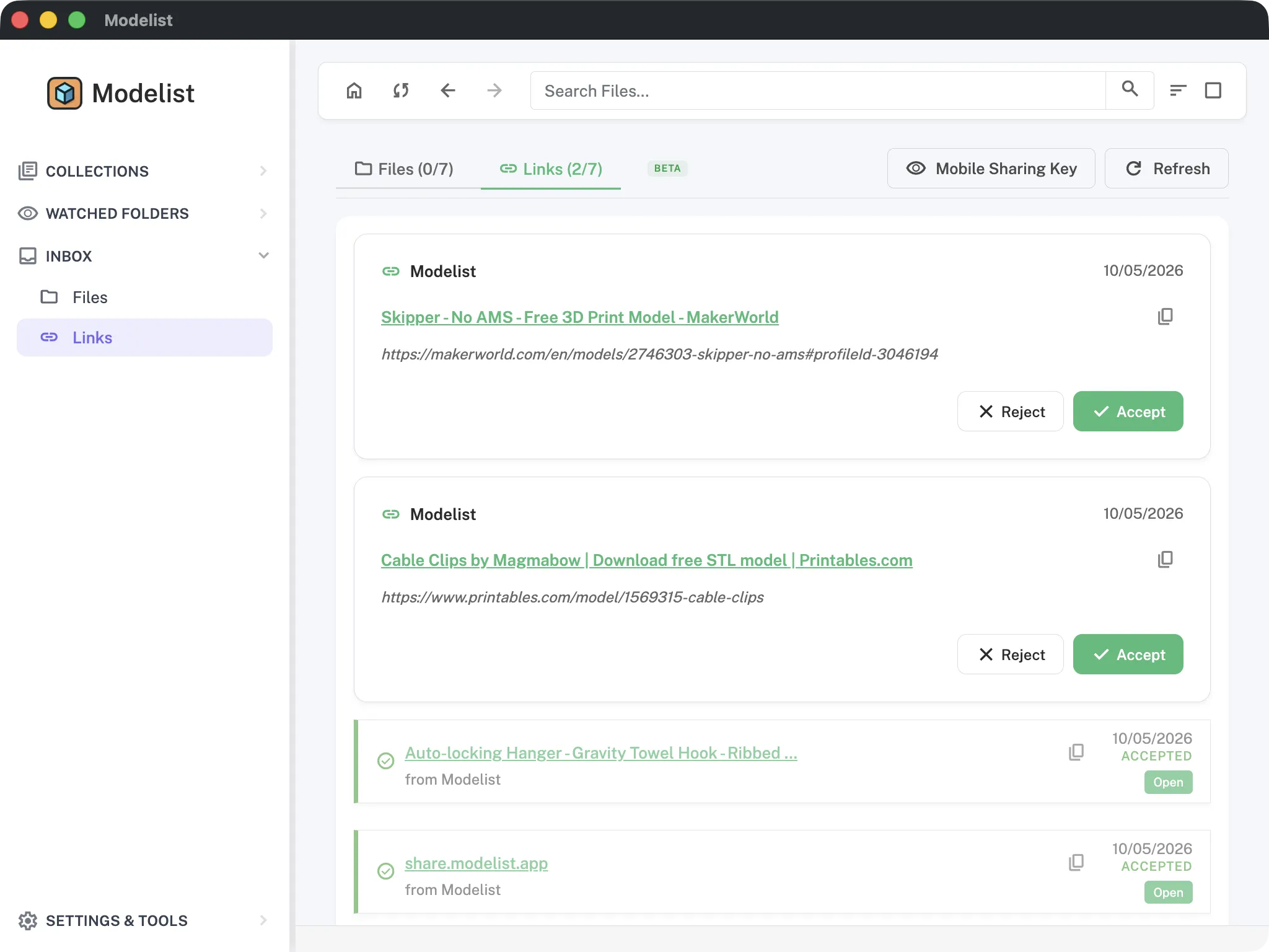 Modelist inbox showing shared files