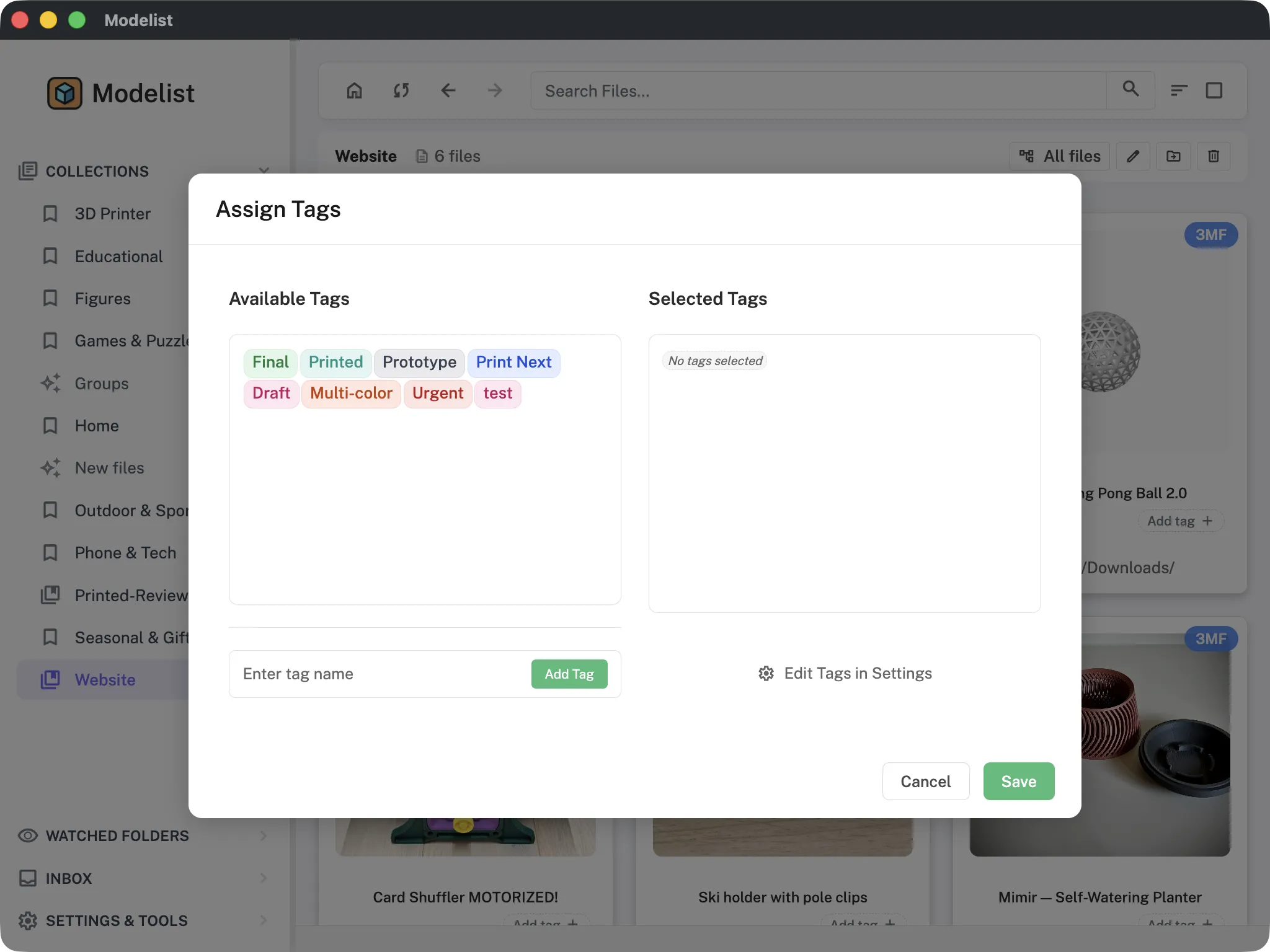 Modelist tags and organization